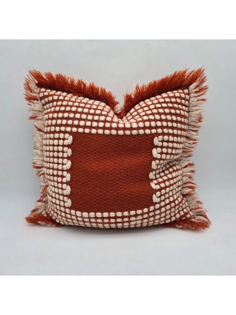 MCM Woven Decorative Throw Pillow Fringe Edges Burnt Orange & Cream Boho 1960s